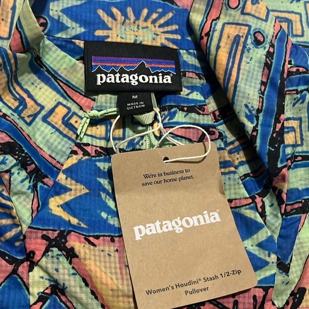 NWT Patagonia Women's Houdini Stash 1/2-Zip Pullover *High Hopes Geo/Salmdr Grn - Picture 7 of 9